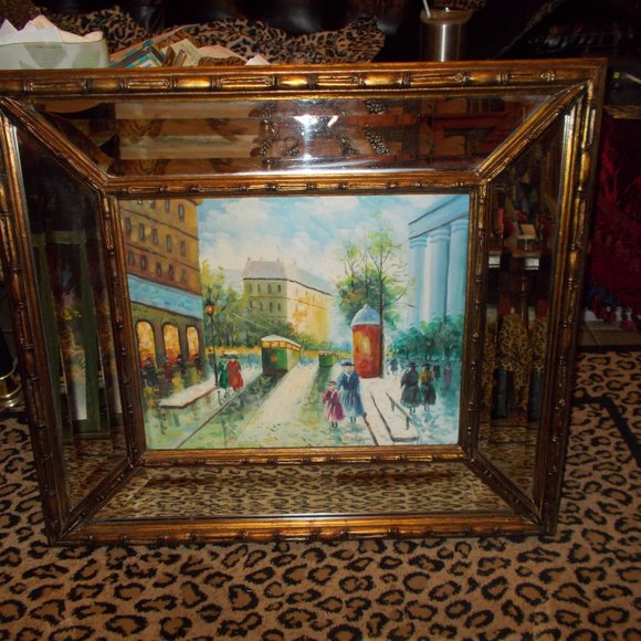 Large scenic painting in gorgeous wood frame with mirror - Picture 3 of 5